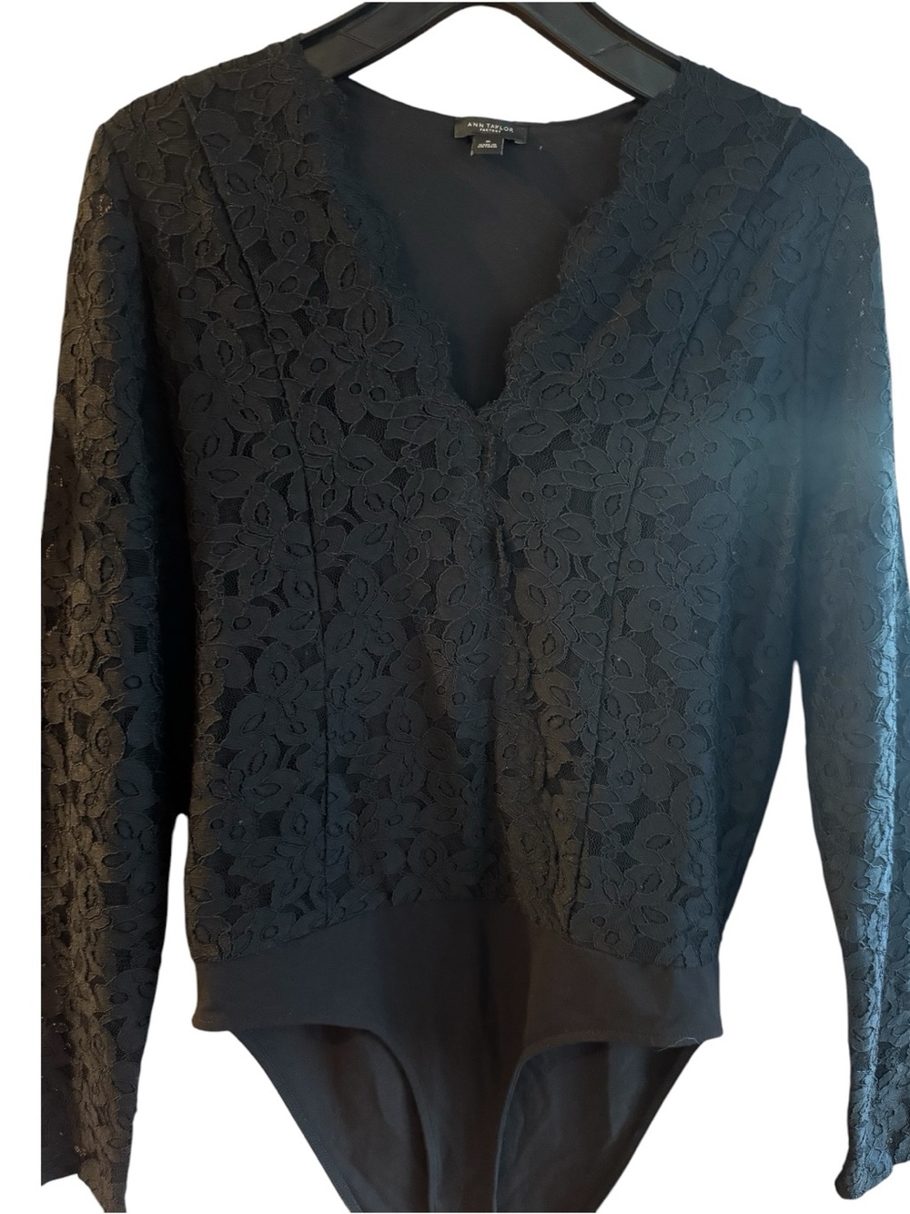 Ann Taylor Black Lace Bodysuit | Medium Scalloped Neck Long Sleeve Elegant Top - Picture 6 of 13